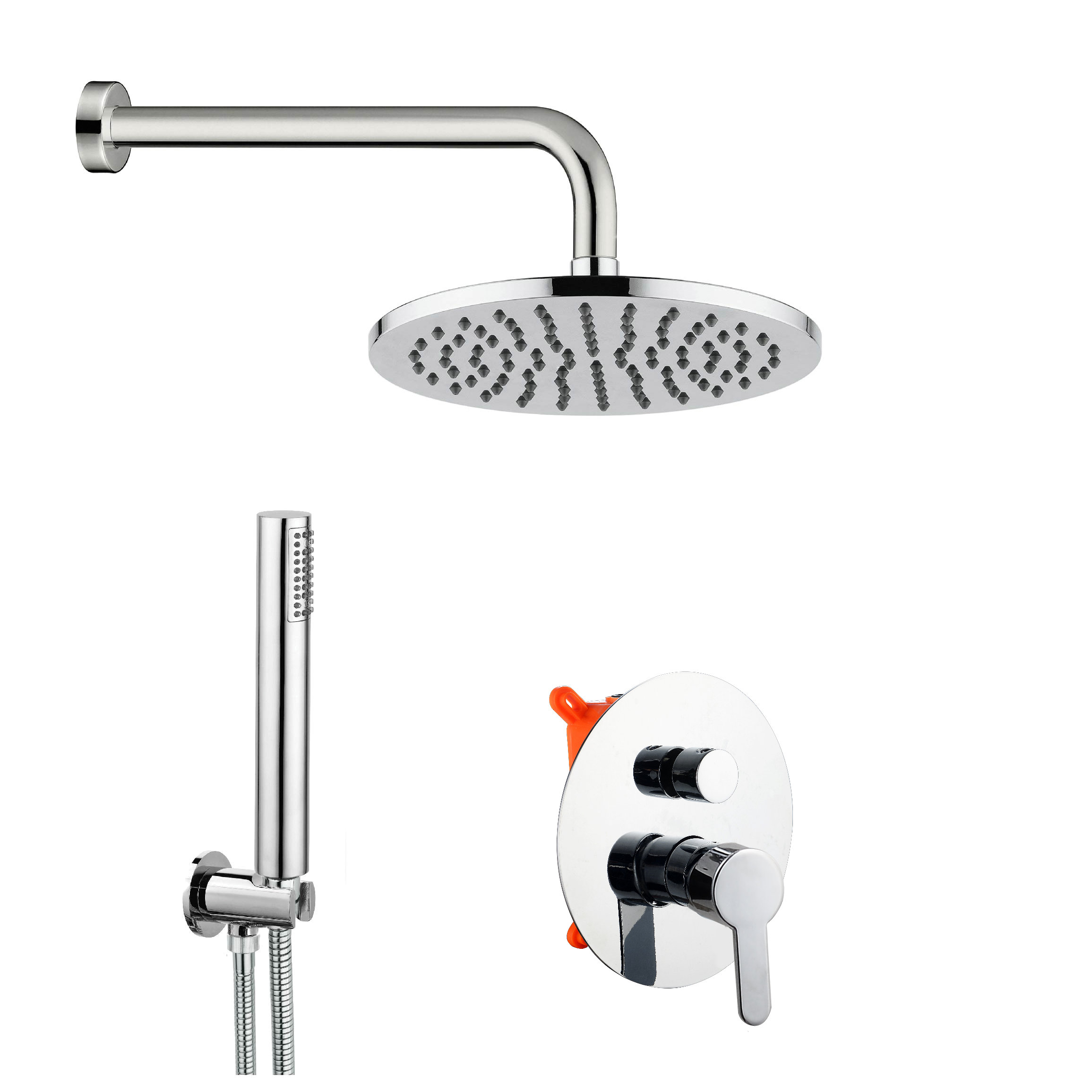Kit de douche encastré complet en acier inoxydable avec mitigeur 2 voies et pommeau de douche de 250 mm 16327