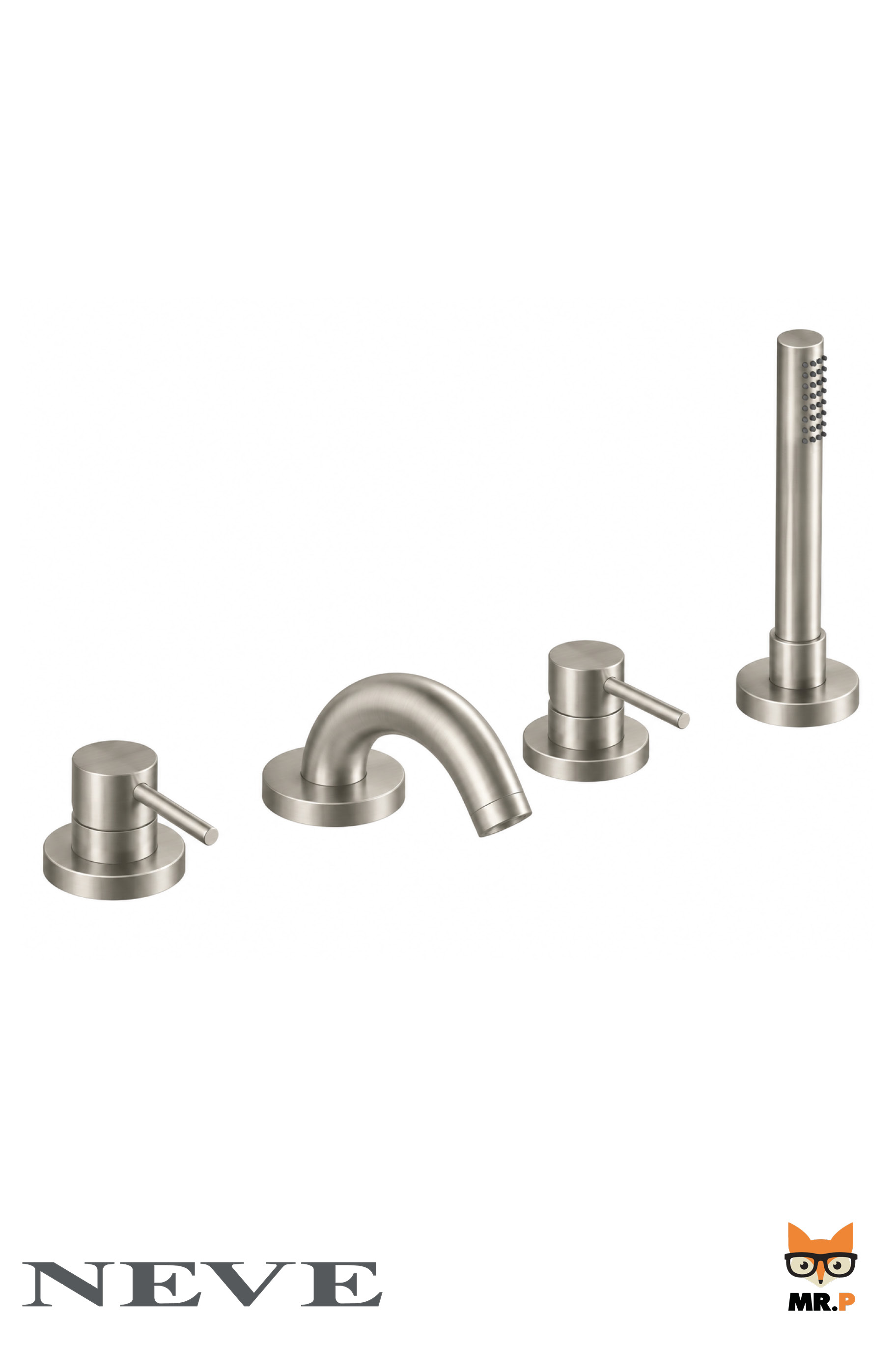 Gruppo Bordo Vasca 4 Fori con Doppio Miscelatore e Doccetta NEVE Rubinetterie in Ottone Nickel Satinato – LIN5940B17